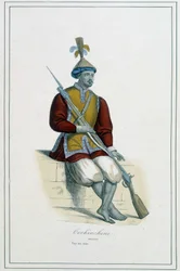 Soldat of cochinchinean armor - i "The different peoples of the earth"" av abbot Paul Jonhanneaud, Librairie des Bons livres