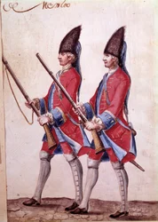 Soldiers of the Regiment of Mexico, detalj av en akvarell från 1700-talet.