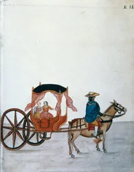 Spanska kvinnor i en häst och vagn ledd av en indier, från boken "Trujillo of Peru" eller "Codex Martinez Companion", av Baltazar Martinez Companion och Bujanda, biskop av Trujillo (1782-1785)