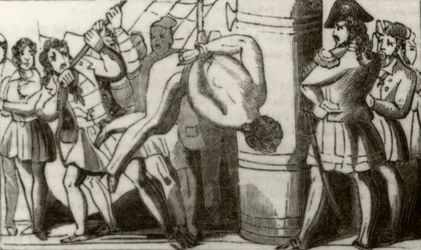 "Spriggs som hissar upp besättningen på en Boston-skonare till förtoppen och låter dem sedan falla på däck", c.1836