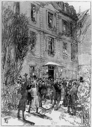 Studentdemonstration till ära av Michel Eugene (Michel-Eugene) Chevreul (1786-1889) (dekanus för Frankrikes studenter) på Jardin des Plantes i Paris. Gravyr i ""The Illustrous World"" 1885.