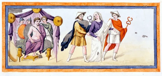 Talthybios och Eurybates tar jungfrun Briseis före Akilles, som står i Myrmidones tält. Iliaden Chant I, v 345. Gravyr från slutet av 1700-talet.