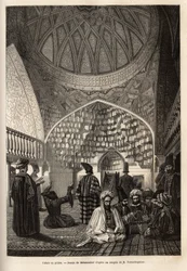 Tatarer i bön, i moskén i Schusha (Transkaukasien, Ryssland). Gravyr för att illustrera resan i provinserna i Kaukasus, av Basile Vereschaguine, 1864-1865, publicerad i "" le tour du monde", under ledning av D