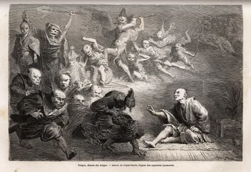 Tengu eller drömmarnas demon, en mindre gudom i japansk folktro, zoomorf, han antar en korps gestalt, utrustad med magiska krafter, och han är ett populärt motiv inom konst, teater och litteratur i Japan. Gravyr för att illustrera resan till Japan