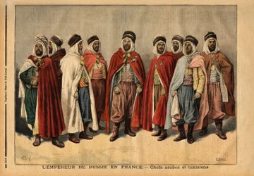De arabiska och tunisiska hövdingarna som ansvarade för tsar Nikolaj II:s hedersvakt under hans besök i Frankrike. (Si Hamza, ledare för Uleds Sidi-shejkerna; Si Mohammed ben Gana, agha över Zibans; Si Ferhat Mouly, kaid över Beni Maaida; Si Lakdan, agha