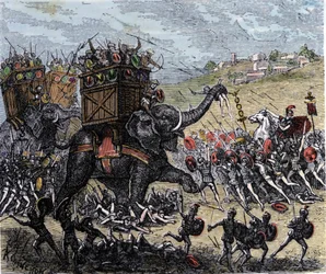 Slaget vid Zama (Afrika, andra puniska kriget, 202 f.Kr.), vunnet av Scipio Africanus över Hannibal Barcas trupper.