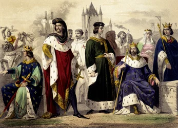 Kapeterna från 1270 till 1322. Filip III den hårda, Filip IV bel, Ludvig X hutin, Filip V den långe, Karl IV bel. Gravyr av 1800-talet.