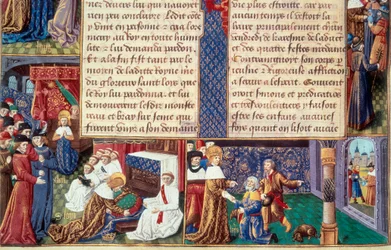 De kristna dygderna (som fromhet och hängivenhet) hos kung Ludvig IX (1214-1270) (Saint Louis): till vänster omfamnar kungen krucifixet, till höger tar han emot Gamla berget. Miniatyr från ett manuskript "The Book of Facts Monsignor Saint Louis"" 15t