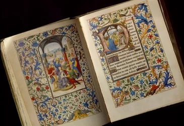 Törnekröningen. Dubbelsida i ett öppet manuskript av ”Maria av Burgunds tidebok (1457-1482)” (Cod. 1857), sent 1400-tal, Österrikiska nationalbiblioteket, Wien