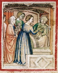 The Death of Rachel in Layers Miniature från Codex 212 (eller Padovano Codice eller Bible of Padua) 1390-1400 Rovigo, Accademia dei Concordi