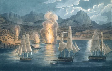 Engelsmännen förstör franska fartyg i Sagone-bukten på Korsika den 30 april 1811 (kolorerad akvatint)