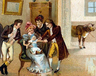 Den engelske läkaren Edouard Jenner (1749-1823) inokulerar smittkoppor på armen på en ny för att vaccinera honom. Kon som serumet togs från ligger längst ner. kromolitografi från 1800-talet.