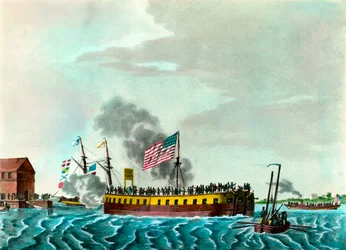 Fulton Steam Fregate "Manövrering i hamnen i New York i USA"" Gravyr runt 1807 privatsamling