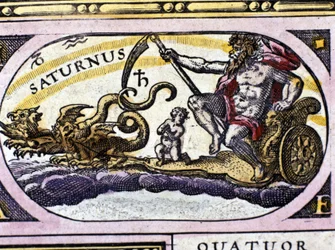 Guden Saturnus (Cronos) på en tank som dras av två drakar.