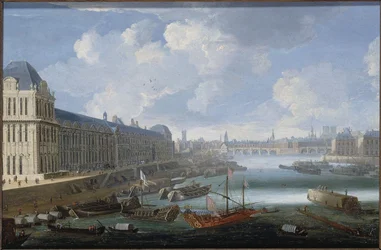 Louvrens Grande Galerie, Pont-Neuf, Cité, Collège des Quatres-Nations, ca 1670 På Seine, den kungliga galären, mellan 1670 och 1685 (olja på trä)