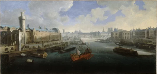 Louvrens Grande Galerie, med Porte Neuve, Pont-Neuf, Cité, Collège des Quatres-Nations under uppförande och Quai Malaquais, ca 1665. På Seine, den kungliga galeasen, mellan 1660 och 1670 (olja på duk)