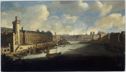 Louvrens Grande Galerie, med Porte Neuve, Pont-Neuf, Cité, Collège des Quatres-Nations under uppförande och Quai Malaquais, ca 1665. På Seine, den kungliga galeasen, mellan 1660 och 1670 (olja på trä)