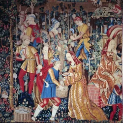 The Harvest Peasants pressar druvor. Detalj. Gobeläng av ull och siden. Början av 1500-talet. Paris, Nationalmuseet för medeltiden, Thermes de Cluny