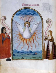 Den Helige Andes manuskriptsida hämtad från "" Collection of Devotion of Queen Joan the Folle (1479-1555) of Spain"" av Pedro Marcuello ("" Devotion of Queen Da Juana Whom They Called the Madwoman") 1400-talets sön . ... 0,21x0,14 m Chantilly, Museumskond