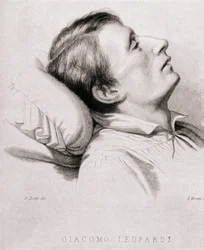 Den italienske poeten Giacomo Leopardi (1798-1837) på sin dödsbädd. Gravyr av 1800-talet