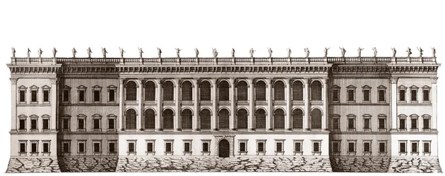 Louvren i Paris, projekt av Gian Lorenzo Bernini: höjd av huvudfasaden mot Tuileries - Från "" Architecture francoise"" av Jacques-Francois Blondel - Höjd av huvudfasaden cote jardin de Tuileries - projekt av Bernin - gravyr av Je