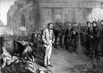 Pariskommunen 1871. En federe (communard) som tagits till fånga i hörnet av gatorna Montmartre och Aboukir utsätts för elden från en barrikad som federerna har rest. Hans kamrater hade övergett barrikaden, han kunde fly men snabbt fou
