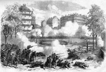 Pariskommunen 1871. Attack av barrikaderna av federes (communards) framför Pantheon av general de Cisseys armékår den 24 maj 1871, i början av den blodiga veckan (22 - 28 maj 1871).