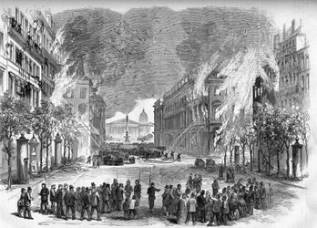 Pariskommunen 1871. Eld tändes av federes (communards) på Rue Royale under den blodiga veckan (22-28 maj)