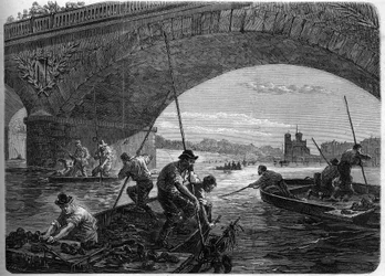 Pariskommunen 1871. Fiske efter vapen som kastades i Seine under Austerlitzbron av Federes (communards) vid tiden för den slutliga debatten i kommunen.