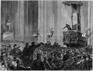 Pariskommunen 1871. S:t Eustatius kyrkklubb. Kyrkorna ombads av förbunden på kvällen att hålla möten och debatter. Dessa klubbar hade ett trefaldigt syfte: utbildning, information och uttryck.