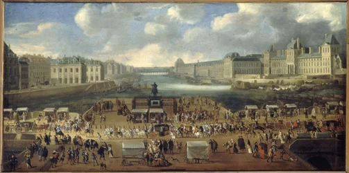Pont-Neuf, sedd från Place Dauphines entré, Quai Malaquais med Collège des Quatre-Nations, Grande Galerie och Louvren, ca 1669. En procession passerar över bron. Nuvarande 1:a och 6:e arrondissementen, mellan 1665 och 1669
