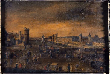 Pont-Neuf, sett från ingången till Place Dauphine, Hôtel de Nevers, Tour de Nesle, Grande Galerie med Porte Neuve och Louvren, ca 1640, nuvarande 1:a och 6:e arrondissementet, mellan 1635 och 1645 (olja på duk)