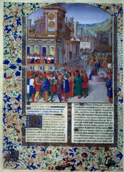 Romarna förbereder sätet för Veies 396 f.Kr. Miniatyr från "" Histoire romaine" (Ad urbe condita) av Tite Live (59 f.Kr.-17 e.Kr.) (Titus Livius), översatt av Pierre Bessuire 1450-1500 Paris, BN