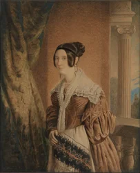 Kapten William Hewetts hustru, ca 1840 (akvarell, trä, glas)