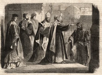 Ärkebiskopen Sankt Ambrosius av Milano (Aurelius Ambrosius, Ambrogio di Milano (340-397) förbjöd inträde av kyrkan till den romerske kejsaren Theodosius I (Flavius Theodosius) (347-395) för att straffa honom för massakern i Thessalonika 390 - Excommunicati