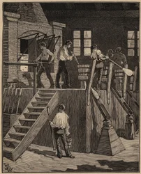 Glaskonsten: glasarbetare som tillverkar glas enligt fransk metod. Gravyr från 1885 i "" Les arts et metiers illustres"" av Adolphe BITARD.