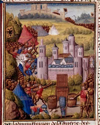 Attacken av en miniatyrstad hämtad från "" Roman History"" (Ad urbe condita) av Tite Live (59 f.Kr.-17 e.Kr.) (Titus Livius), översatt av Pierre Bressuire (ms. 310) 1450-1500 Chantilly, Musee Conde