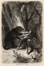 Författaren, under en utflykt runt Jacksonville, överraskas i skogen av en inhemsk björn och kedja. Gravyr för att illustrera berättelsen fyra månader i Florida, av Achille Pousselgue 1851-1852, publicerad i "" Le tour du monde"" 1870-1871, redigerad