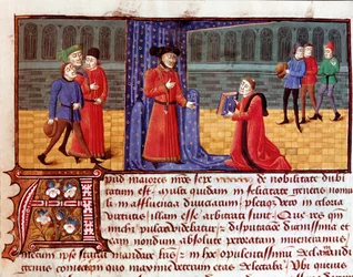 Författaren presenterar sitt verk Sida hämtat från "" Sophilogium"" (Archiloge Sophie. Book of Good Practice) av Jacques Legrand (Legrant) (1365-1415) 1400- eller 1500-talets Torre do Tombo, Lissabon
