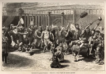 Bryggarnas bacchanal, på nyårsafton, efter att ha fått sin lön och festoye, går de in i en glad och bullrig procession i Edo (dagens Tokyo), utrustade med en enorm sake-vask och en lång dammduk för att trycka upp taket , prinsen av d