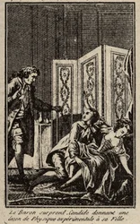 Baronen överraskar Candide som ger en lektion i experimentell fysik till sin dotter Frontispice för "" Candide"" av Francois Marie Arouet dit Voltaire.