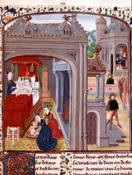 Födelsen av Alexander den store (356-323 f.Kr.), son till Olympias och Nectanebo II Miniature hämtad från "" History of Alexander the Great"" av QuinteCurce (Quintus Curtius Rufus) (1:a århundradet e.Kr.) 1400-talet Chantilly, museum Conde