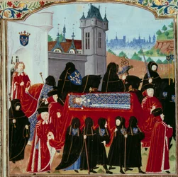Kroppen av den avlidne kung Karl VI (1368-1422) bärs bort, bakom processionen den nye kung Karl VII (1403-1461) miniatyren 22/10/1422 från manuskriptet "" Chronicles of Charles VII"" (Ms. . fr. 2691) av Jean Chartier
