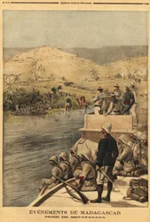 Den franska arméns tillfångatagande av Mevatanana (Madagaskar). Gravyr i "" Le petit journal"" 1895-06-30. Selvas samling.