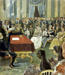 Det borgerliga bröllopet mellan prinsen av Neapel - den blivande Viktor Emanuel III (Victor Emmanuel) (Vittorio Emanuele) - och prinsessan Helena av Montenegro i Quirinalpalatset år 1896. I mitten syns Umberto I (Umberto) till vänster om bruden.