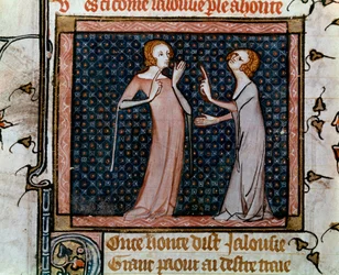 Kollokviet av svartsjuka och skam miniatyr i "" Roman de la rose"" av Jean de Meun, Jean de Meung eller Jean Chopinel, Jean Clopinel (v.1240-1305), cirka 1370. Paris, bibliotheque Sainte Genevieve