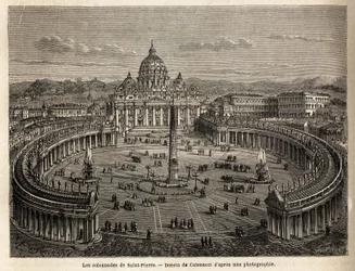 S:t Peters pelargångar i Vatikanen, förde av Bernini (1598-1680) 1655, på ett elliptiskt plan, som blev en vanlig plats för barock- och rokokoarkitektur. Gravyr för att illustrera resan till Rom, av Francis Wey, 1864-1868, publicerar