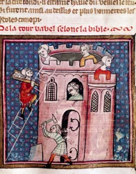 Byggandet av Babels torn Detalj av en upplyst sida av manuskriptet "Bible Historiale"" av Guiart Des Moulins kommunala bibliotek från 1300-talet Troyes