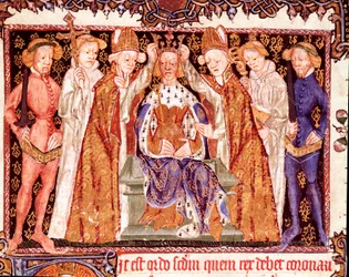 Kröningen av en kung, troligen kung Rikard II av England (1367-1400). Miniatyr ur manuskriptet om kröningsriter, "Liber regalis", 1300-talet. Pamplona, Navarras arkiv