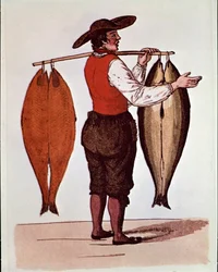 Paris rop: en vandrande laxhandlare röker Elbe. Anonymt 1800-talstryck. Privat samling